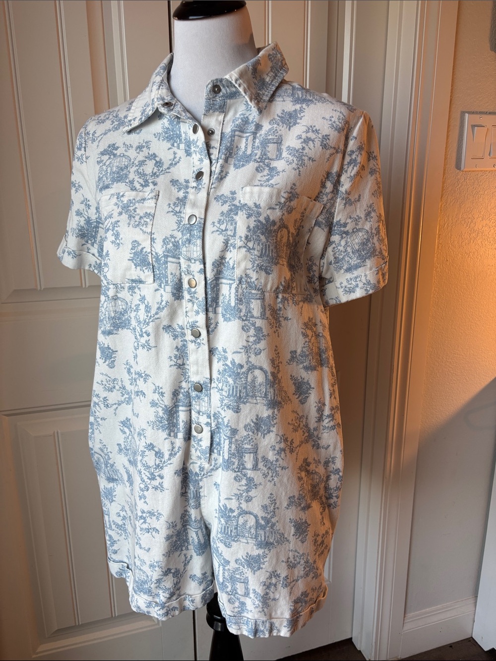 Molly Green Blue Toile Printed Utility Denim Romper Medium
